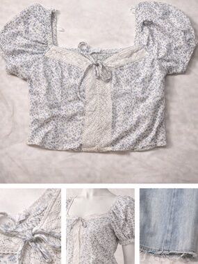 Sienna Sky Blue Floral Smocked Crop Top - Lace Trim & Puff Sleeves